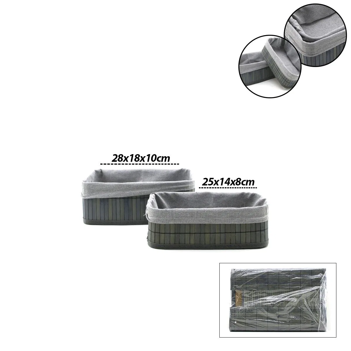 Gri Bambu Kenarlı Dikdörtgen Organizer Sepet (25x14 / 28x18 cm) - Ahşap Taban, Bezli görsel 2