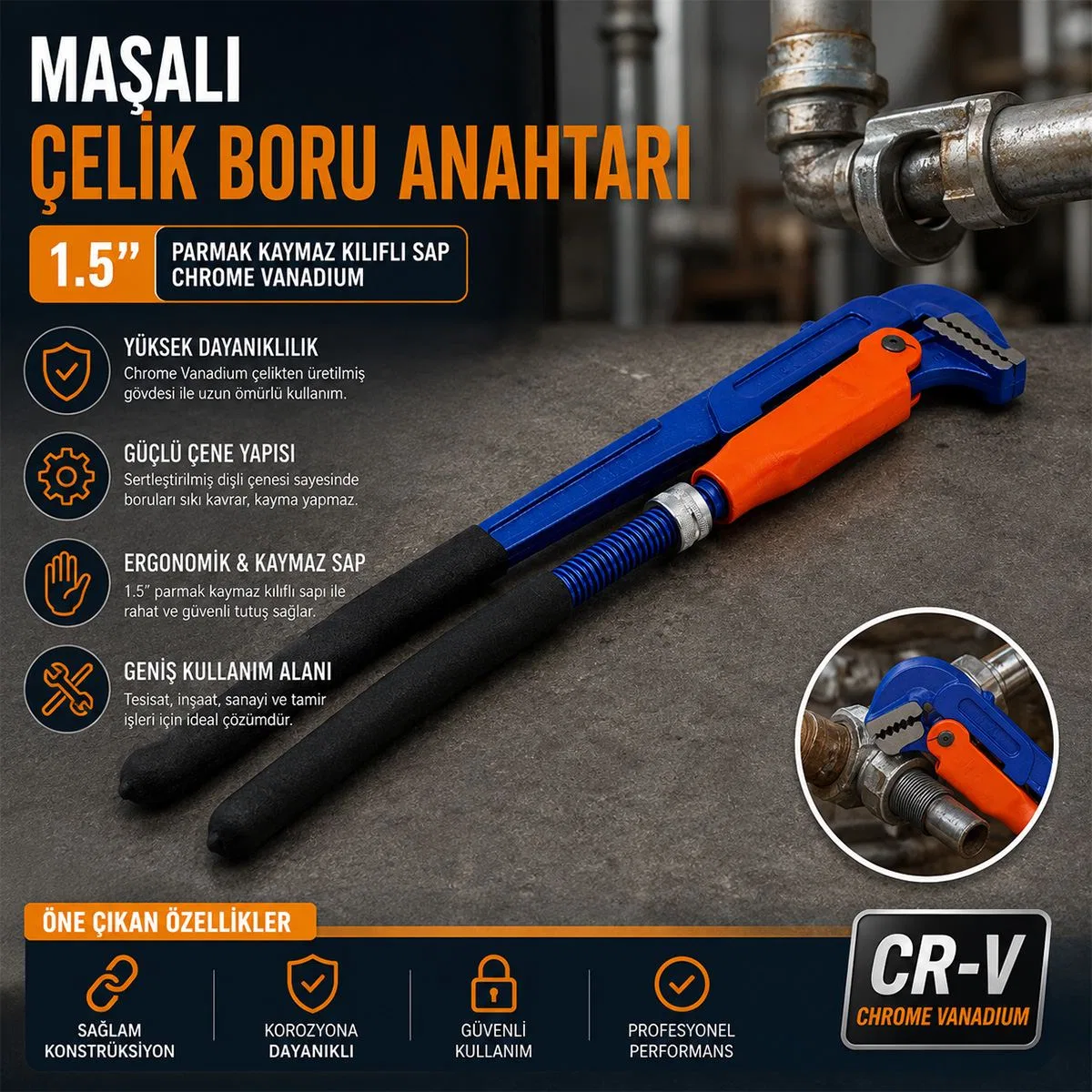 1. 5" Maşalı Çelik Boru Anahtarı (CR-V) görsel 2