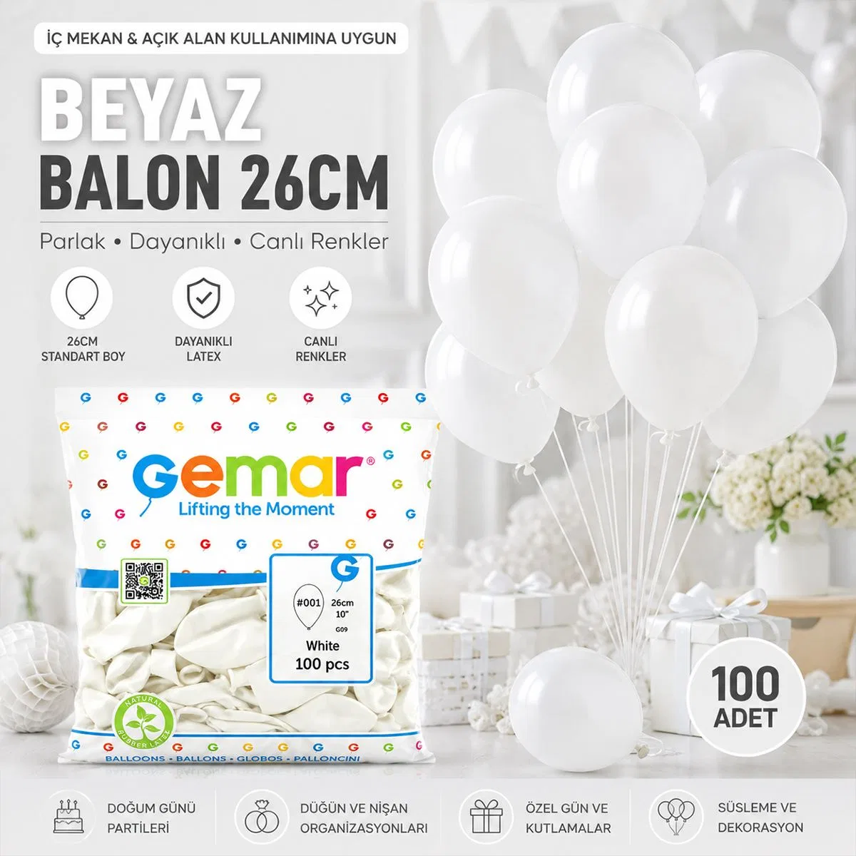 Beyaz İç Mekan Lateks Balon 10'' (26 cm) - 100'lü Paket görsel 3