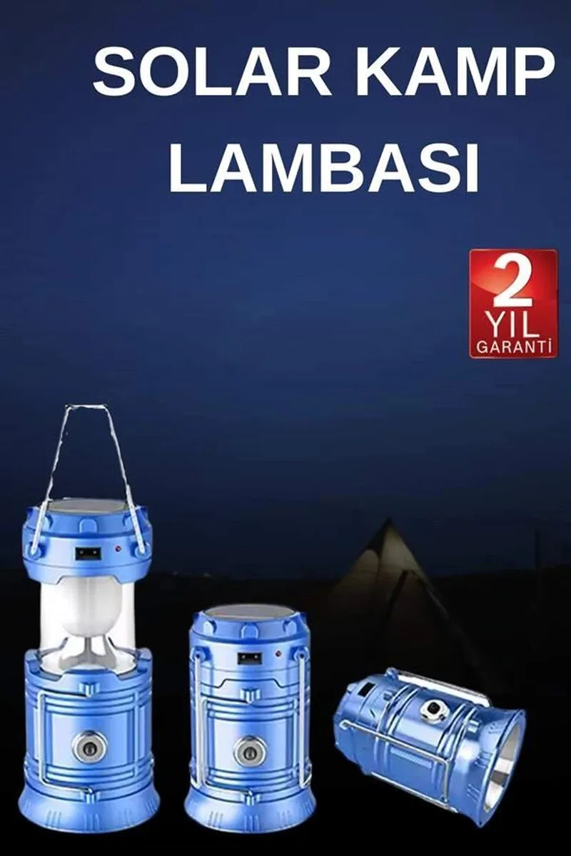 Solar Şarjlı Kamp Lambası Güneş Enerjili Kızaklı Kamp Feneri Çadır Feneri Led Işıldak görsel 2