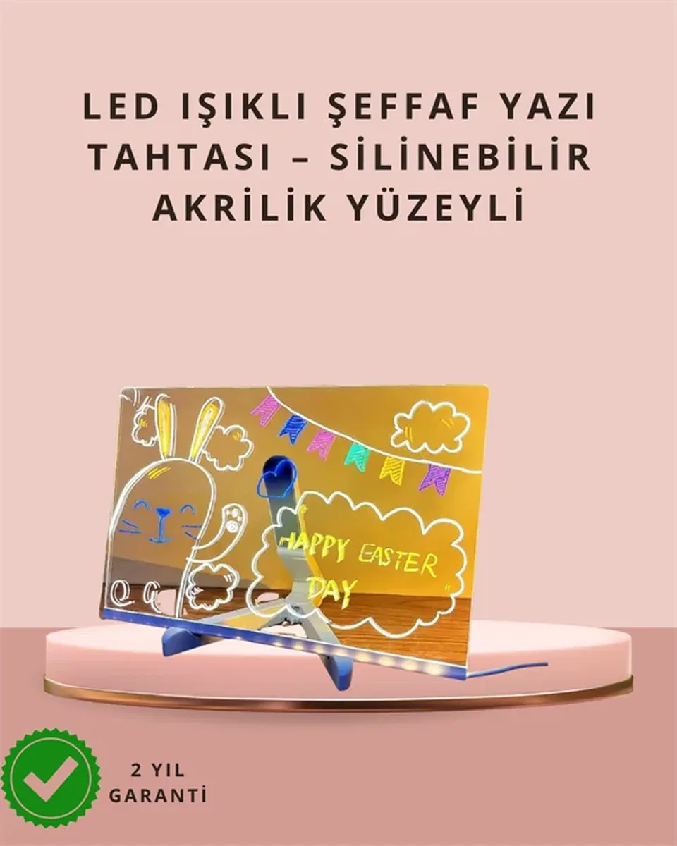 LED Işıklı Şeffaf Yazı Tahtası – Neon Etkili Akrilik Pano, Silinebilir, 7 Renkli Kalemli, 30x20 cm