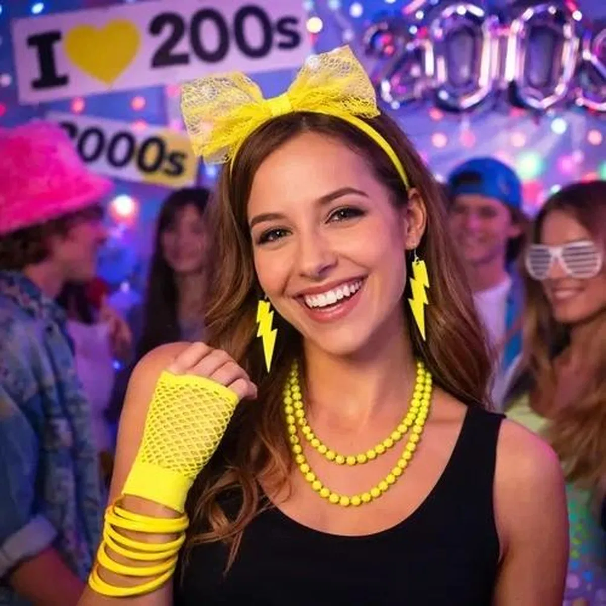 80’ler 90’lar Neon Sarı Parti Seti – Kolye Küpe Taç görsel 4