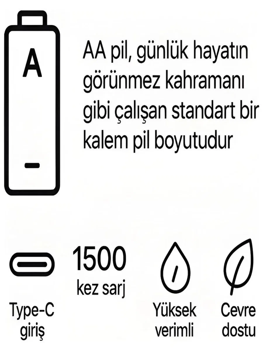 Type-c Şarjlı 2800mwh 1. 5v Şarj Edilebilir 2’li Aa5 Kalın Pil - Lityum Iyon Batarya görsel 4