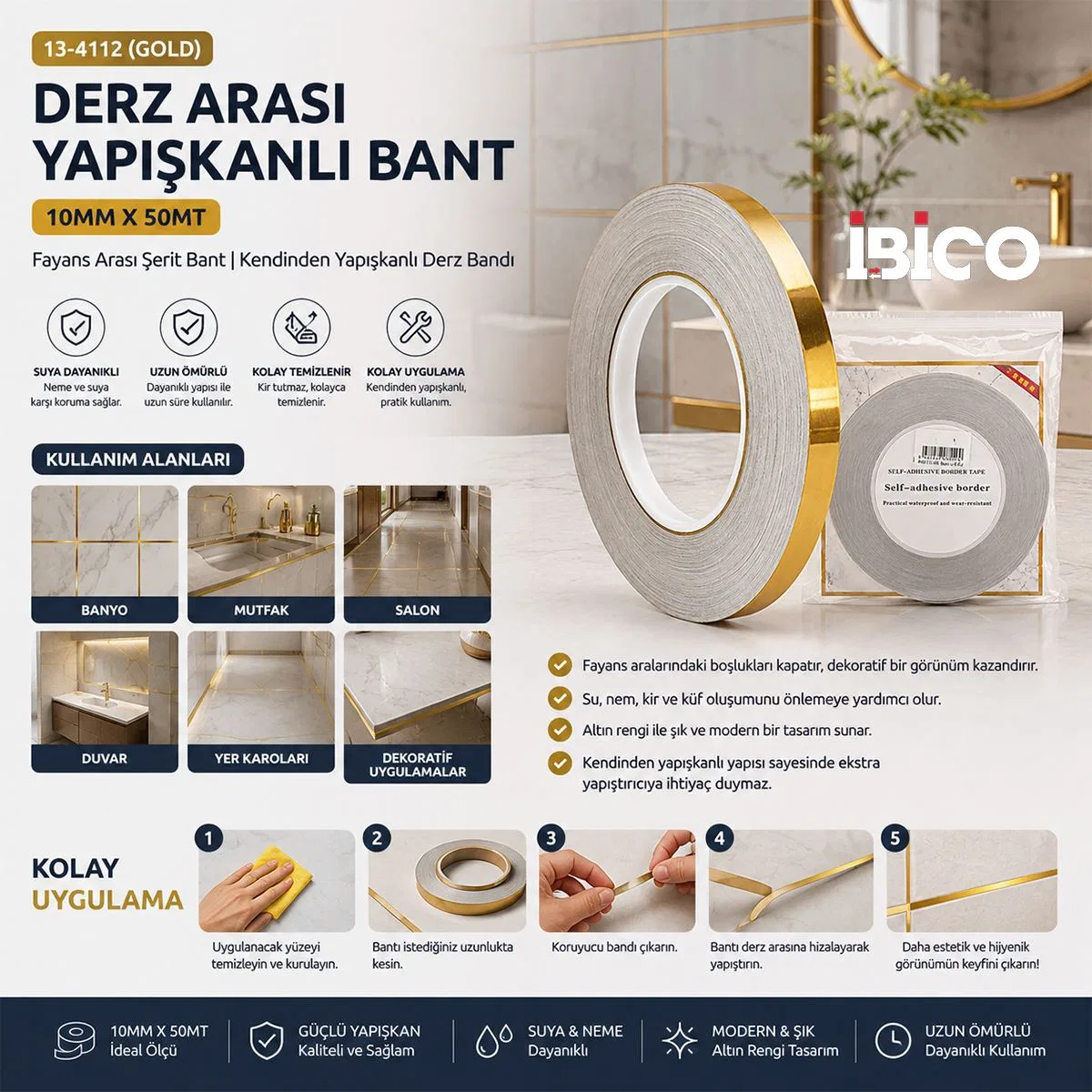 Derz Arası Yapışkan Bant 10mm x 50m (Gold) görsel 3