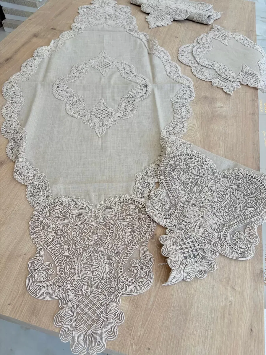 Salon Takımı Çeyizlik Krem Runner Set 5 Parça Keten Masa Örtüsü Runneri Gerdan görsel 5