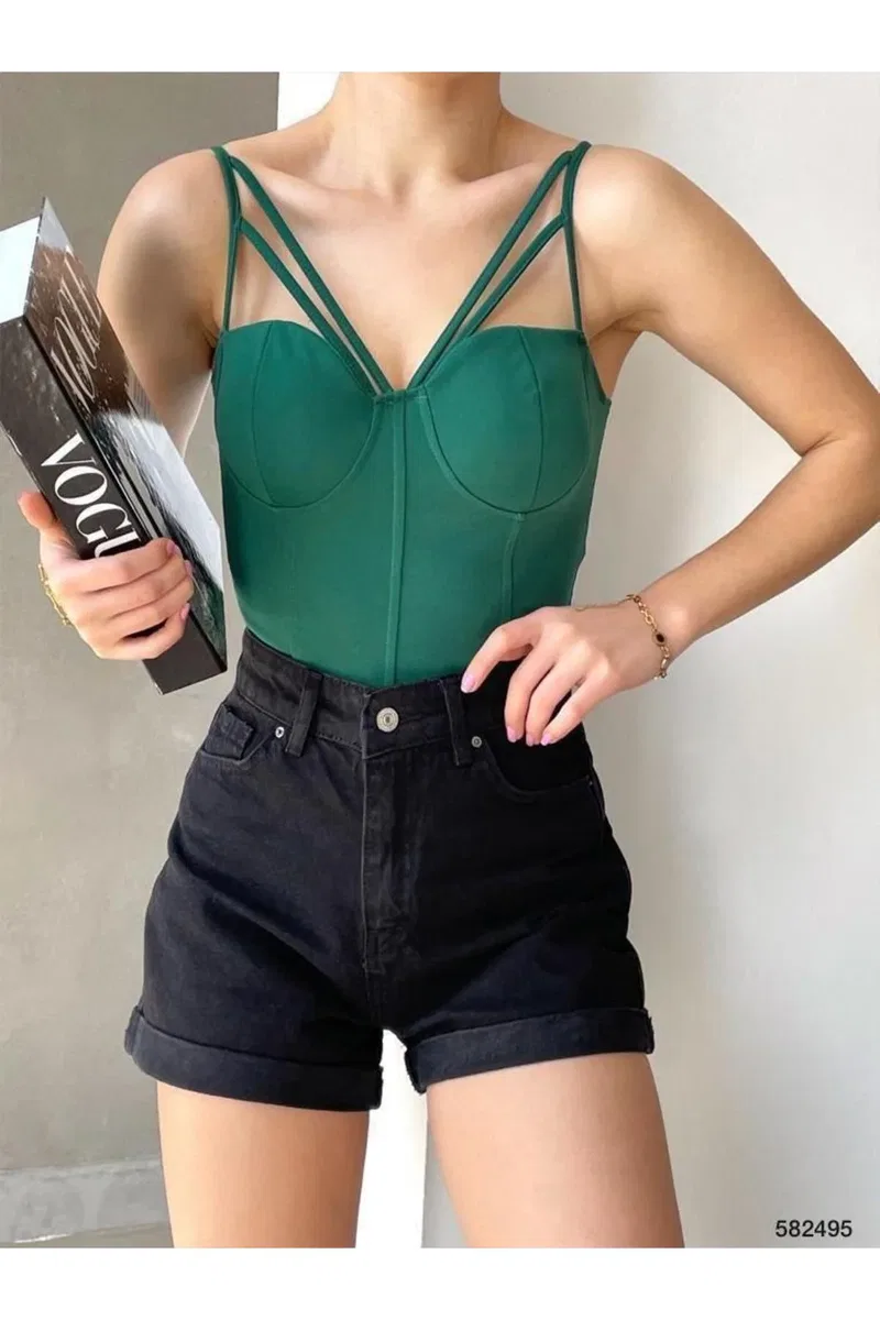 Kadın İşçilik V Yaka İnce Askılı Krep Kumaş Crop Büstiyer görsel 3