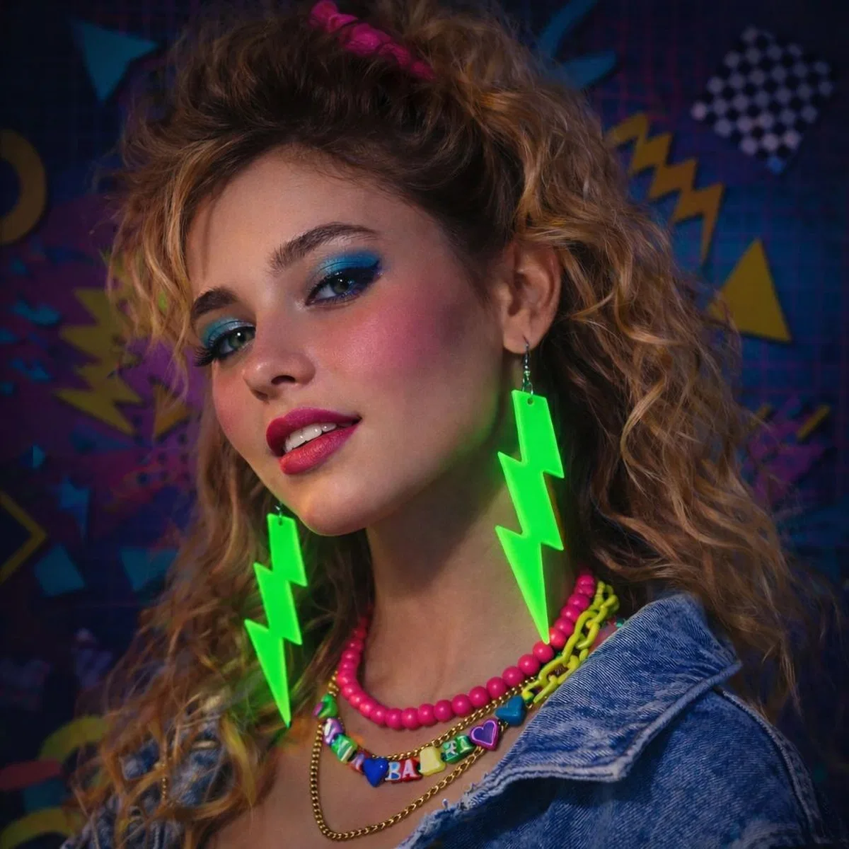 80’ler 9039lar Retro Neon Yeşil Şimşek Küpe 10 Cm görsel 2