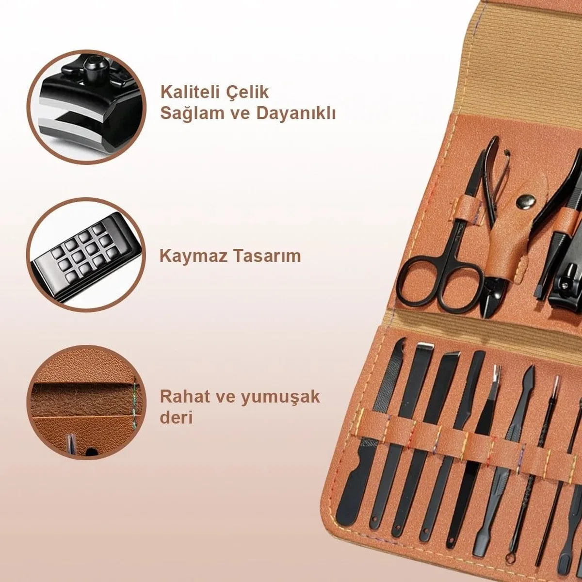 Kahve Rengi Özel Tasarım Deri Manikür Seti görsel 2