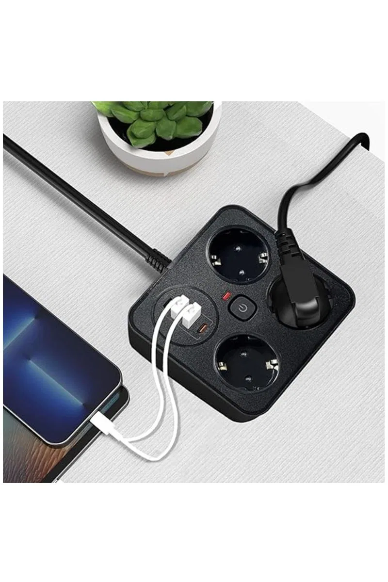 Akım Korumalı Anahtarlı Priz - 3x Priz - 2x Usb - 2x Type-c - 2 Mt Kablo Hızlı Şarj Özellikli Siyah görsel 3