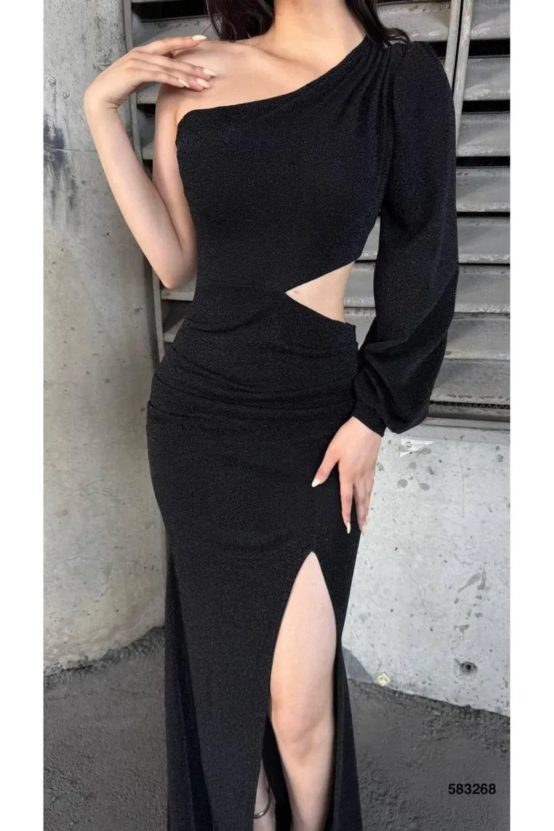 Kadın El Emeği Tek Omuz Tek Kol Çiçekli Balık Kesim Abiye Elbise görsel 4