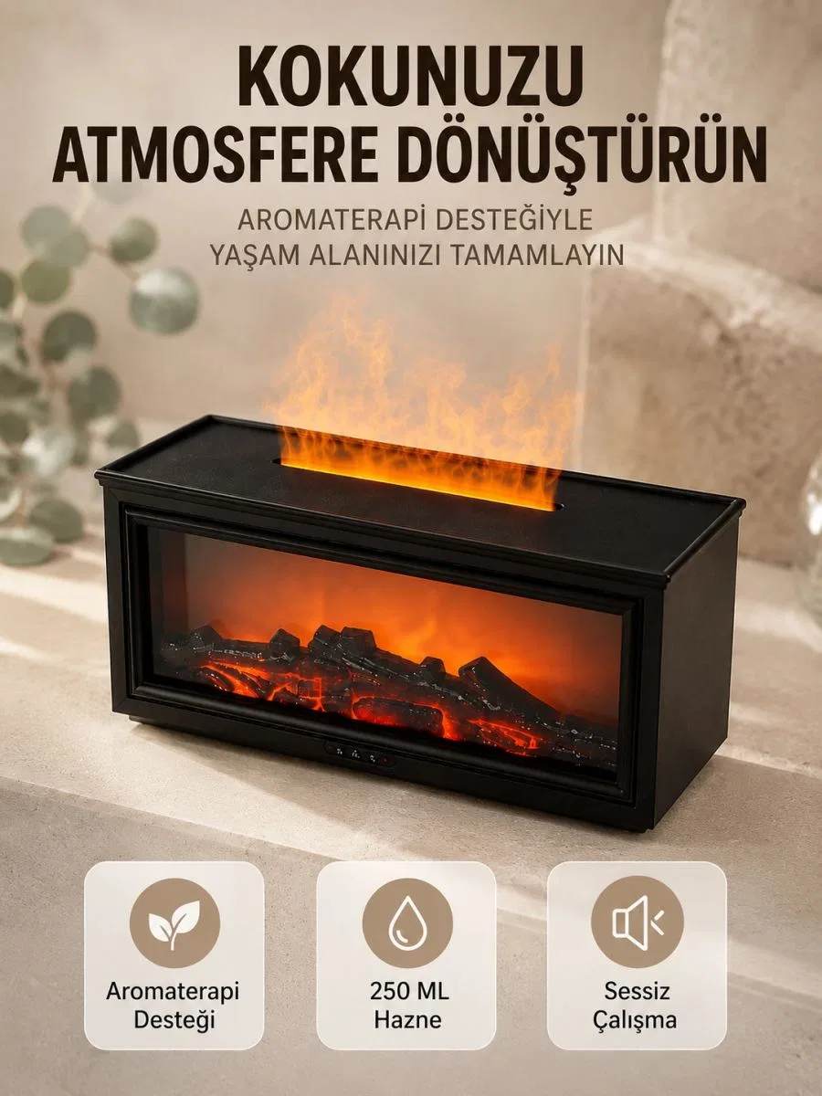 Aroma Difüzörü Simüle Alev Efektli Sessiz Hava Nemlendirici 250 Ml