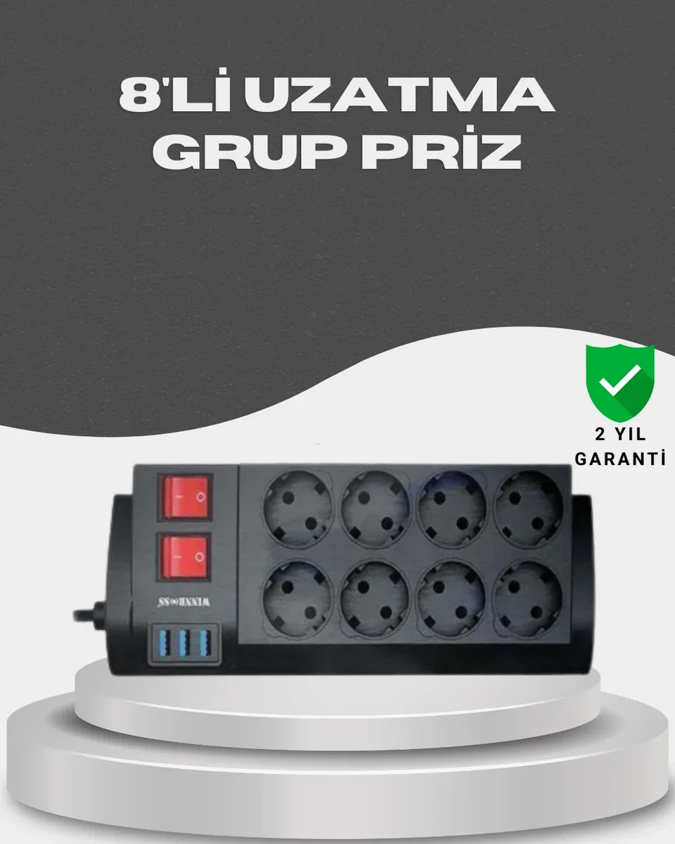 Akım Korumalı 8’li Priz 3 USB’li Uzatma Kablosu Isıya Dayanıklı 2 Metre