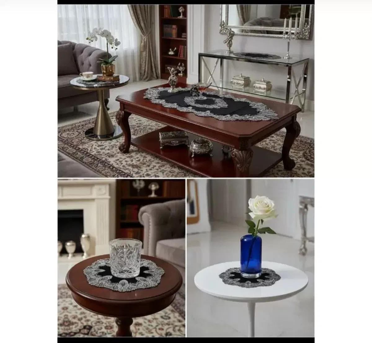 5 Parça Siyah Elora Model Velvet Kadife Dantelli Salon Takımı Masa Örtüsü Runner Seti görsel 2