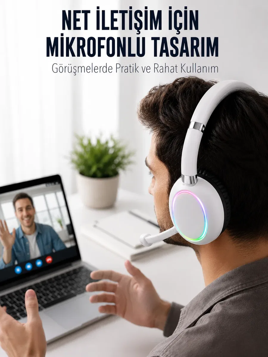 Bluetooth 5. 0 Beyaz Kulak Üstü Kablosuz Kulaklık Mikrofonlu RGB Aydınlatmalı