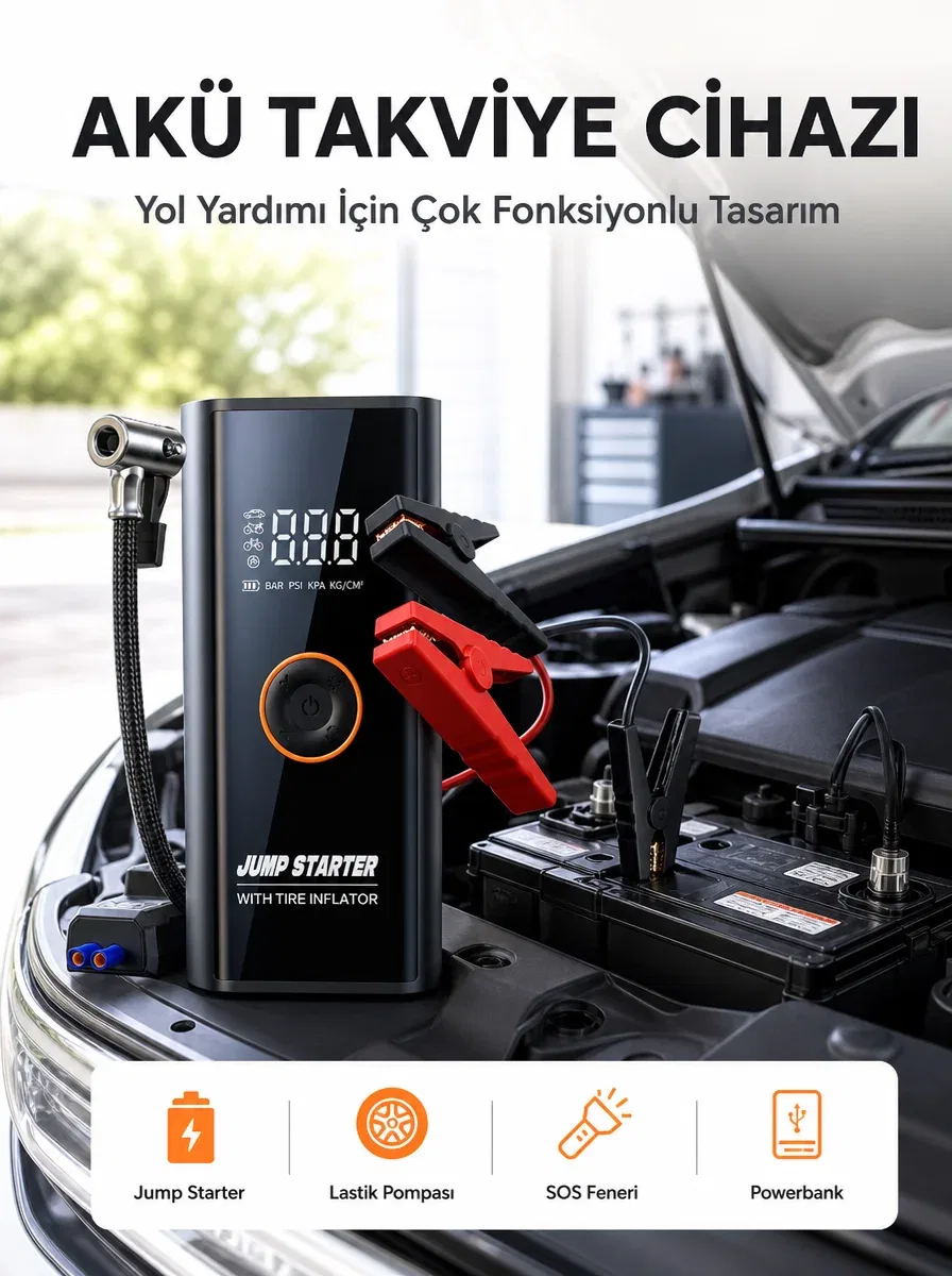 SOS Fenerli Akü Takviye Cihazı Dijital Kompresör Powerbank Yeni Nesil