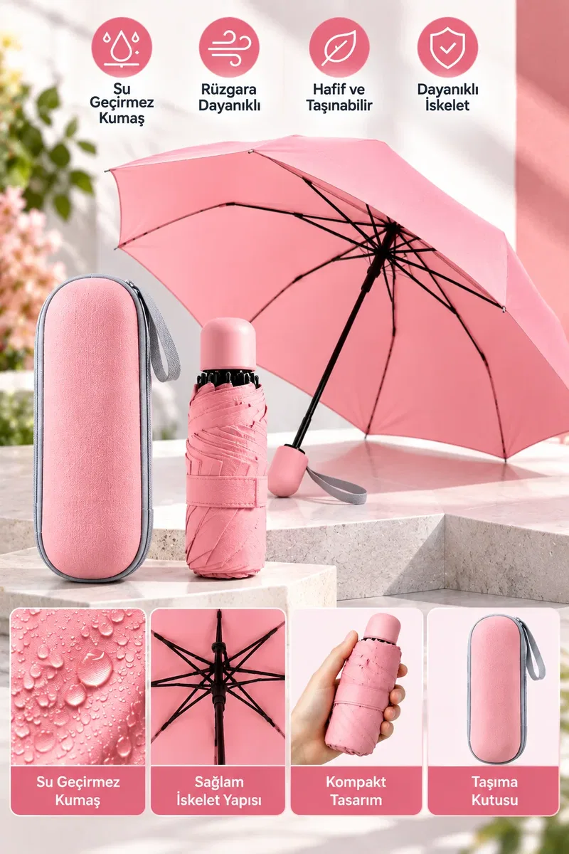 Şık Pembe Kapsül Şemsiye Kompakt Boyut Koruyucu Kılıf ve Pratik Kullanım