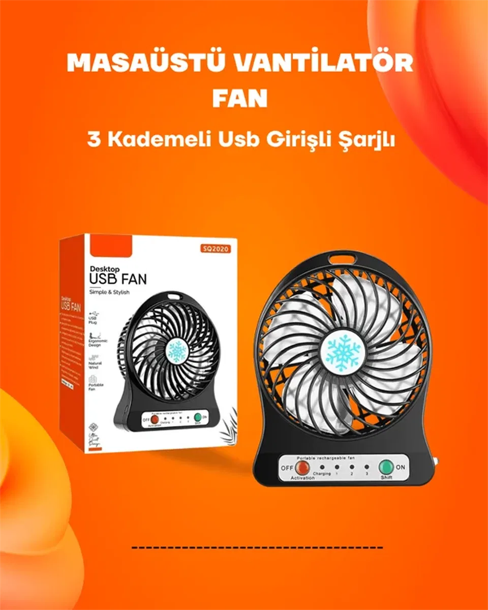 Mini Vantilatör Masaüstü – USB Girişli, Şarjlı, 3 Kademe, Sessiz Motor, Işıklı görsel 2