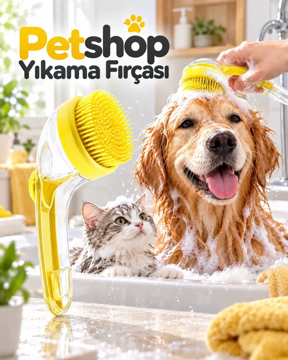 Kedi Köpek Banyo ve Masaj Fırçası Şampuan Hazneli Yumuşak Silikon Uçlu Yıkama Aparatı