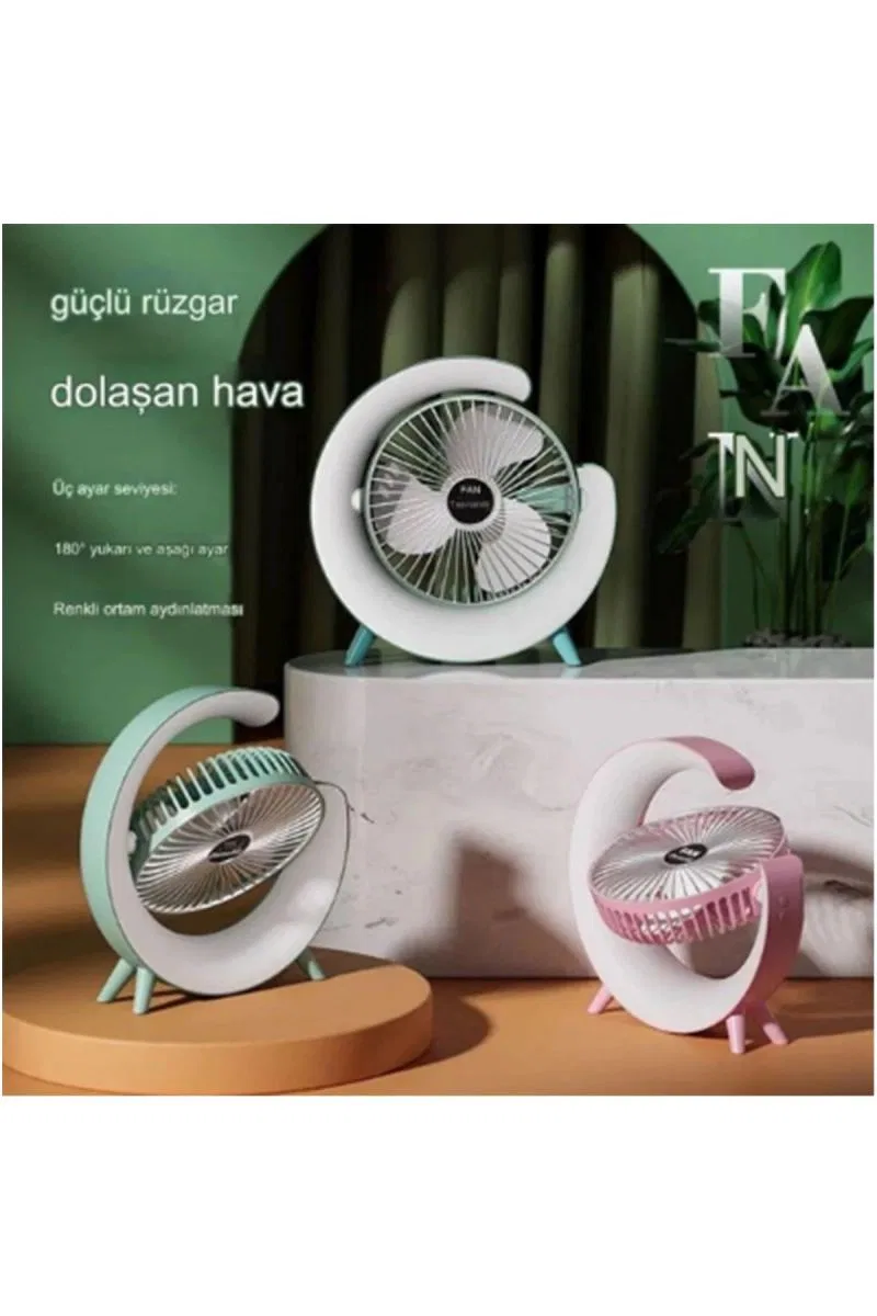 Masaüstü Vantilatör Usb Şarjlı Rgb Led Işıklı 3 Kademeli 180° Ayarlanabilir Soğutucu Fan Yeşil görsel 6