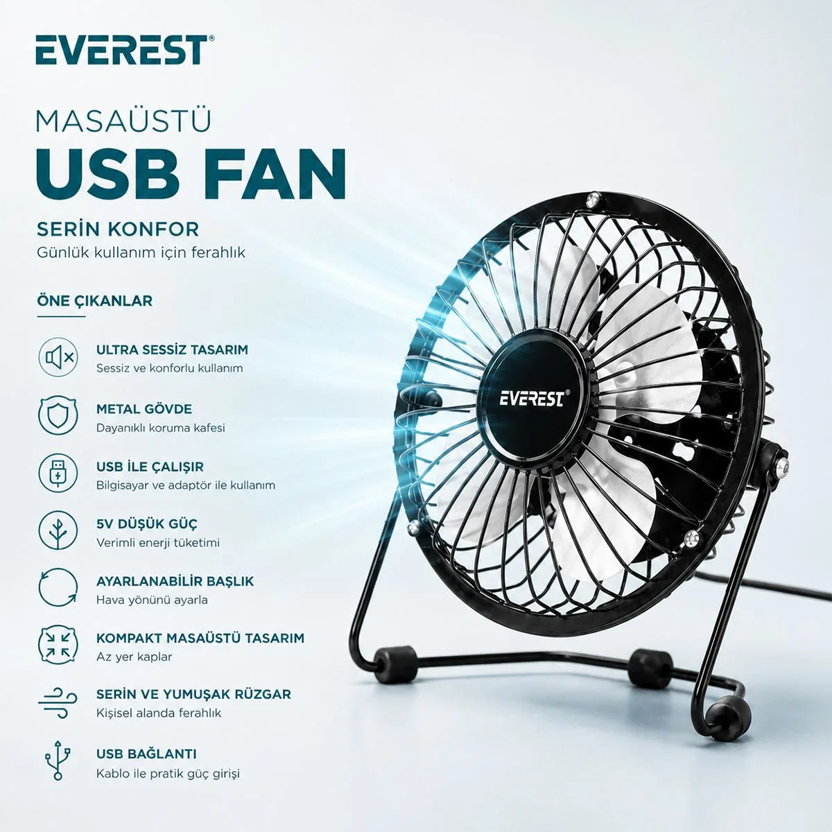 USB Şarjlı Metal Mini Masaüstü Fan 14. 5x7. 5x15 cm görsel 3