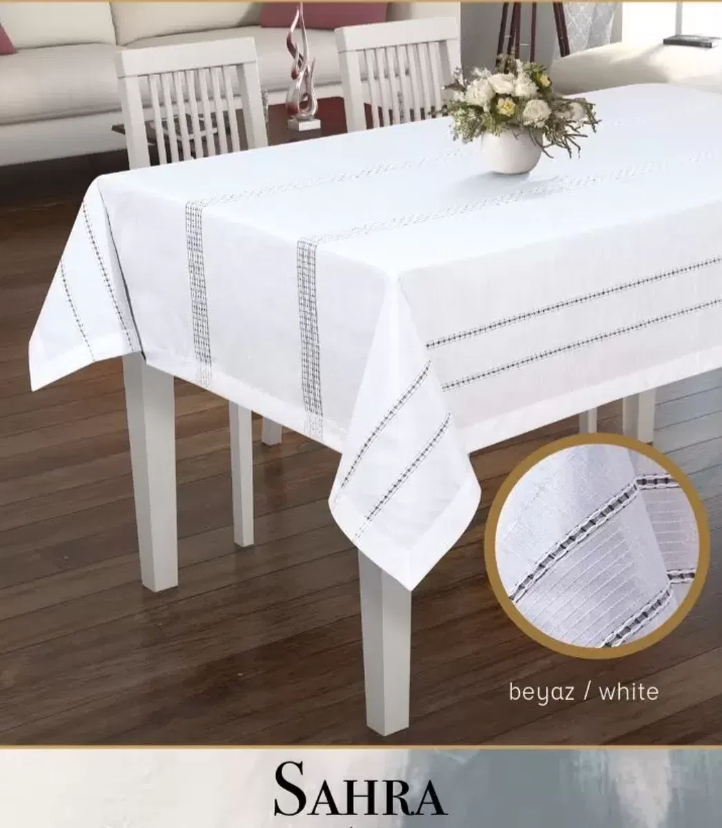 Sahra Model Beyaz 160x220 cm Polyester Ajurlu Keten Masa Örtüsü Tablecloth görsel 3