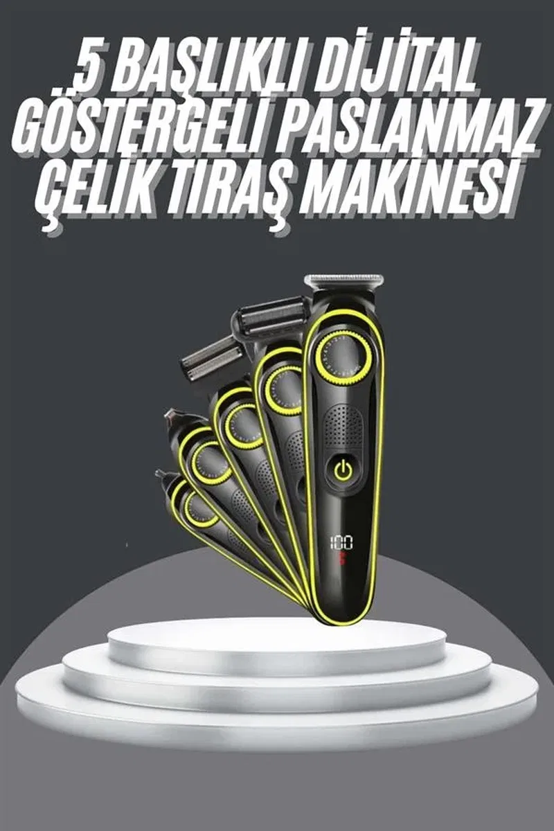 5 Başlıklı Şarjlı Tıraş Makinesi Led Ekran Saç Sakal Ense Tıraşına Uygun Bakım Seti görsel 2