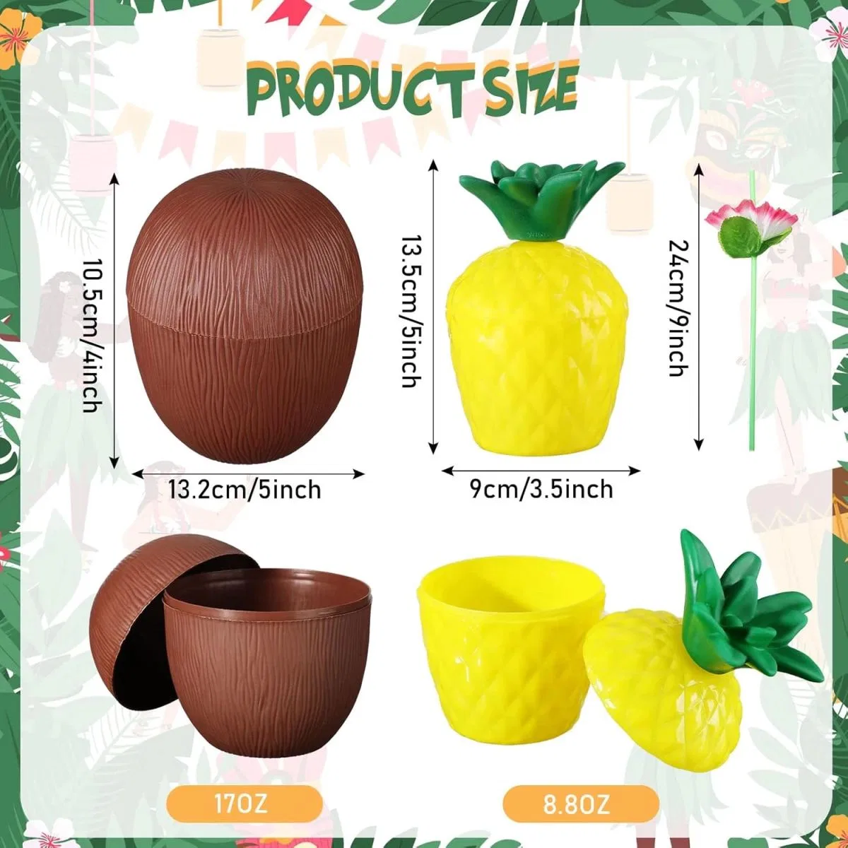 Ananas Hindistan Cevizi Tasarımlı Pipetli Bardak Seti (6 Adet) görsel 2