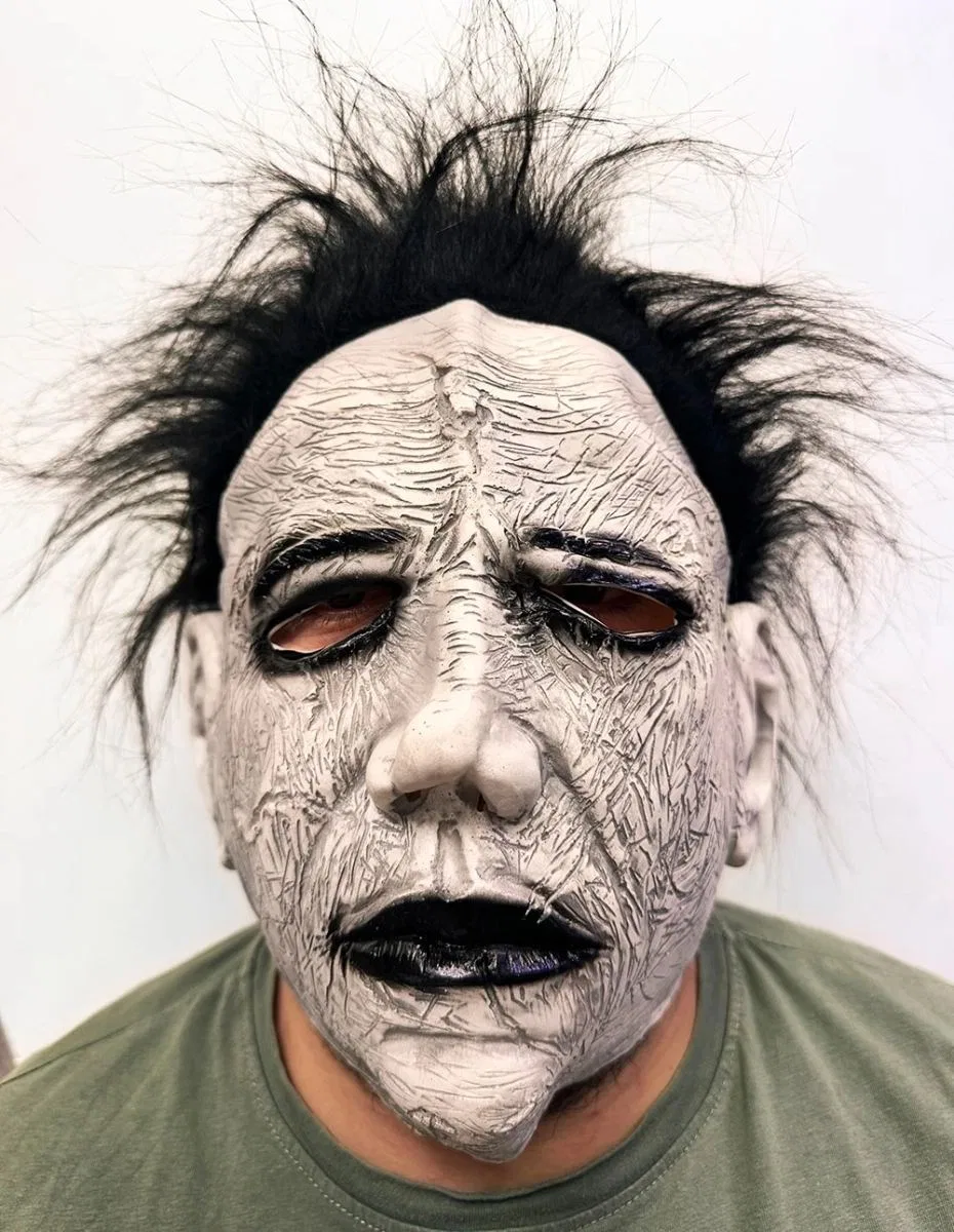 Siyah Saçlı Michael Myers Lateks Yüze Tam Yapışan Et Maske Korku Maskesi görsel 3
