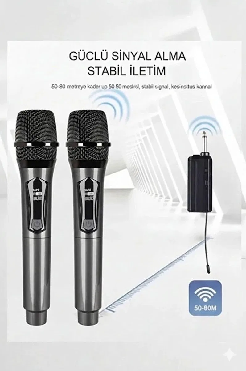 Profesyonel Çiftli Kablosuz Mikrofon Seti Karaoke Şarj Edilebilir 50 Metre görsel 2