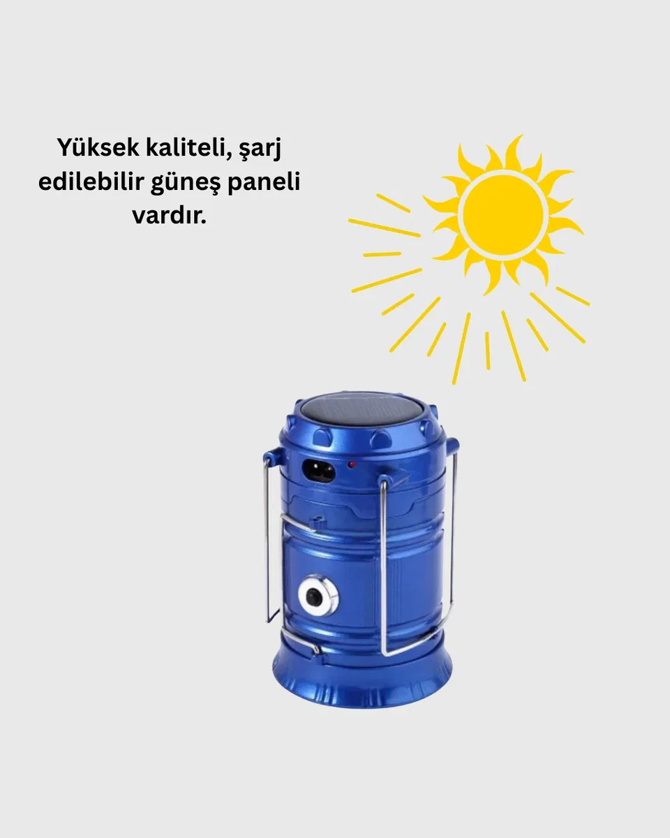 Güneş Enerjili Katlanabilir Kızaklı Kamp Feneri – USB Şarjlı, Çok Yönlü ve Dayanıklı Tasarım görsel 3
