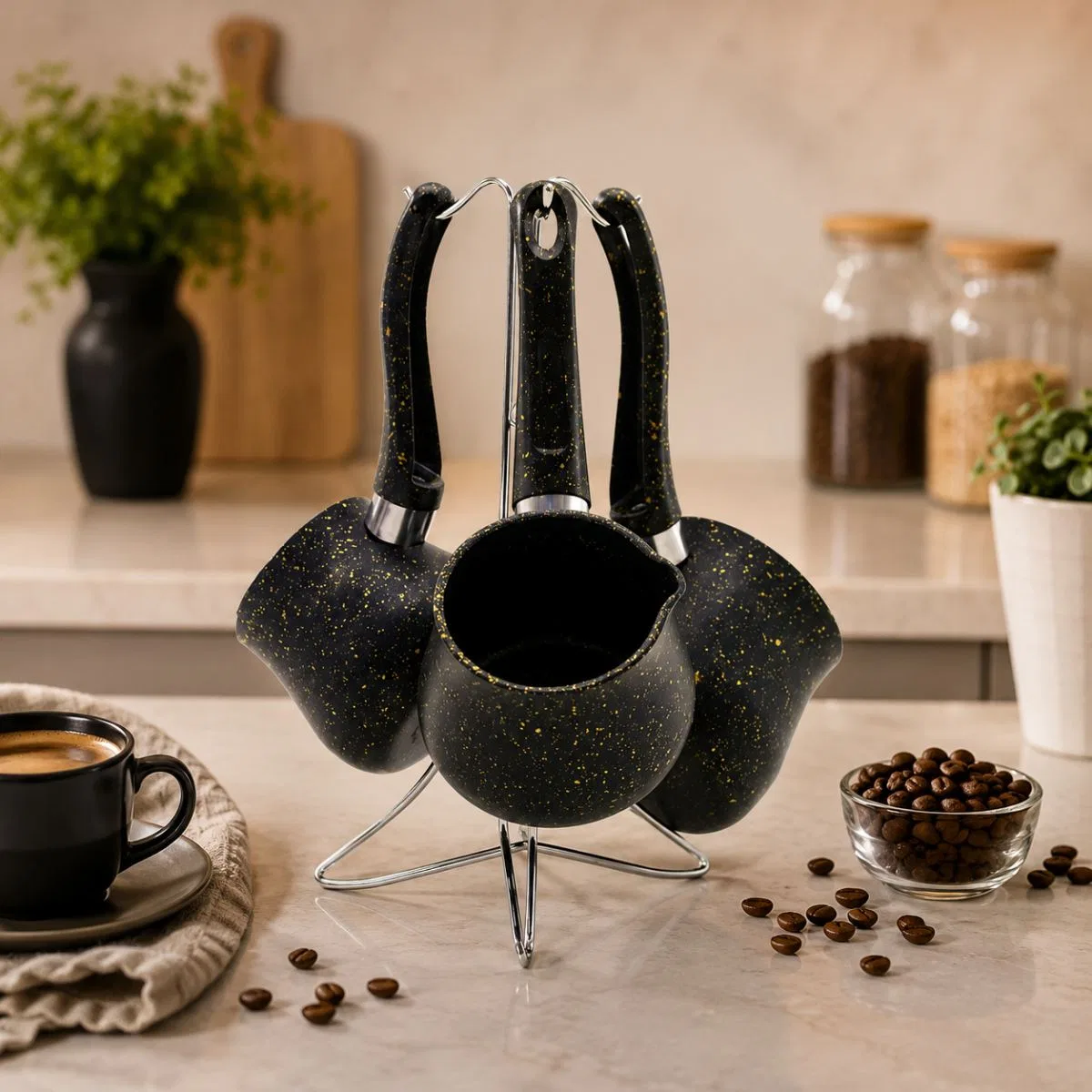 Granit Çelik Cezve Seti 4'lü (230/280/380 ml) Metal Standlı görsel 4