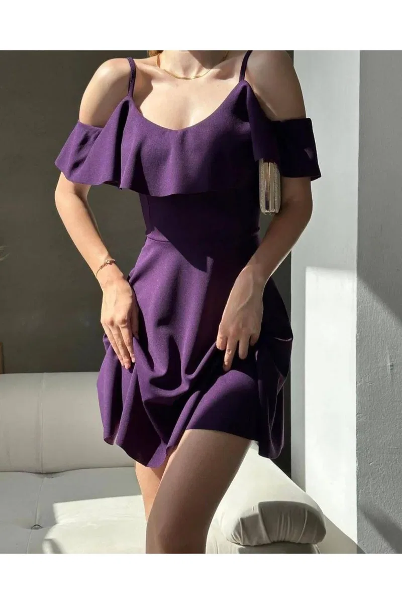 Kadın Trend Tasarım Yuvarlak Yaka Askılı Krep Kumaş A Kesim Fırfırlı Elbise görsel 7