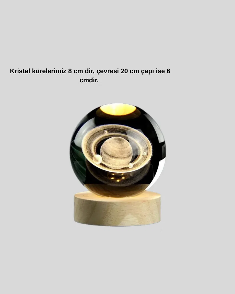 Satürn Desenli Kristal Küre LED Gece Lambası Ahşap Standlı görsel 5