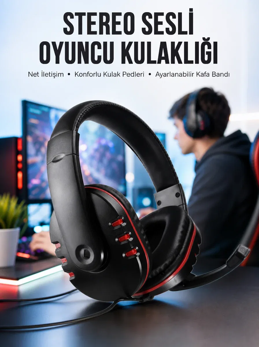 Oyuncu Kulaklığı Kulak Üstü Kablolu Stereo Mikrofonlu Yumuşak Kulak Yastığı Yeni Nesil