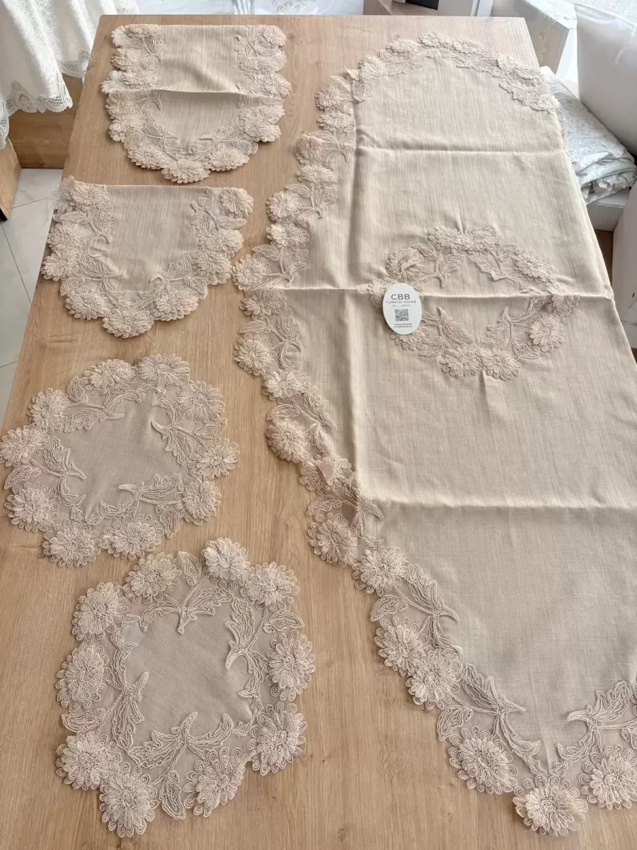 Salon Takımı Çeyizlik Kapiçino Runner Set 5 Parça Keten Masa Örtüsü Runneri Flowers görsel 5