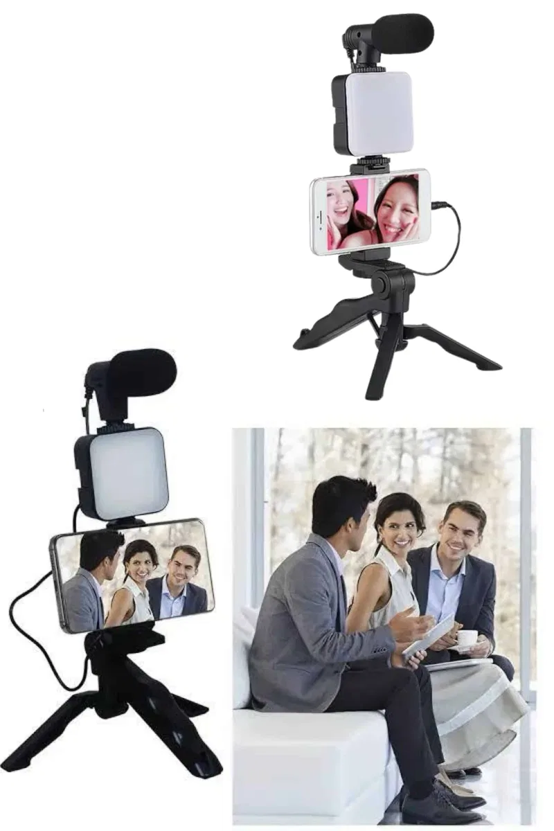 Telefon Tutucu Led Işıklı Kumandalı Mikrofon Telefon Vlog Video Kayıt Yeni Nesil görsel 3