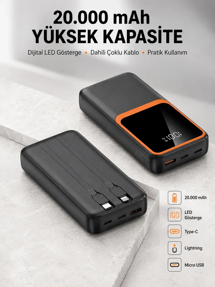Dijital Ekranlı 20. 000 mAh Powerbank | 22. 5W Hızlı Şarj + Çoklu Bağlantı Seçeneği Yeni Nesil