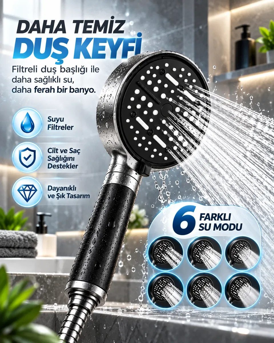 Çok Fonksiyonlu Filtreli Duş Başlığı 6 Farklı Sprey Modu Büyük Panel Siyah