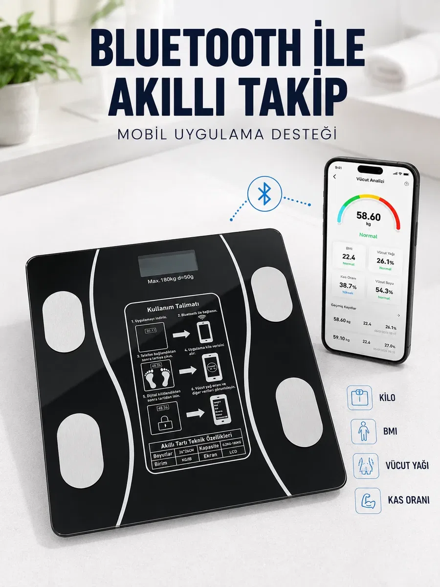 Akıllı Cam Baskül Bluetooth Mobil Uygulamalı Vücut iz Tartısı 180 Kg LCD Ekran