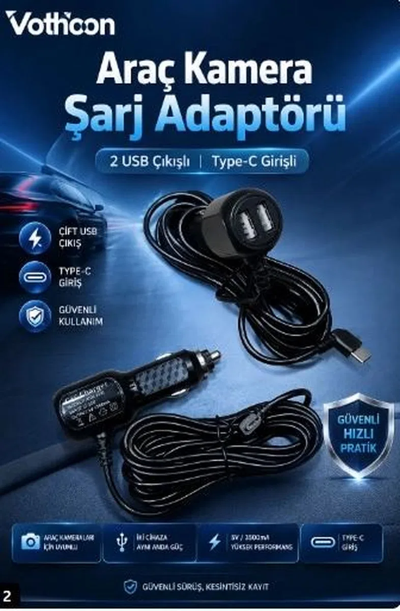 Araç Kamera Şarj Adaptörü 2 Usb’li Type-c Girişli 3. 5 Metre Kablo Uzunluğu(ürün Kamera Değildir) görsel 3