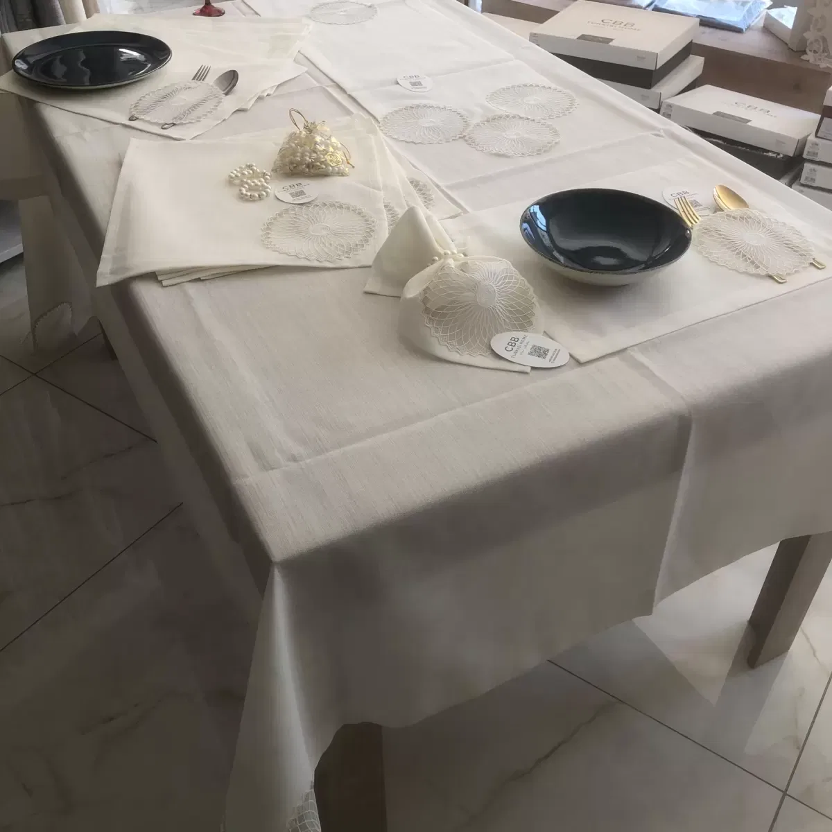 Sofra Takımı Planet Gardenya Keten Yemek Takımı 160x260 Masa Seti 26 Parça Runner Set Krem görsel 2