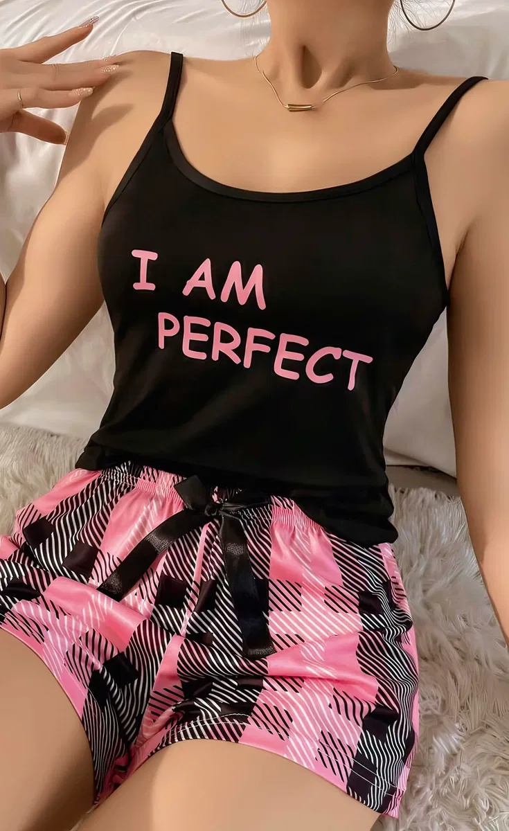Kadın Siyah Kare Desenli Askılı Şortlu Pijama Takım 5012 görsel 2