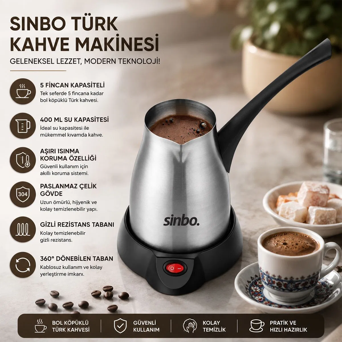 Elektrikli Çelik Cezve 400ml (5 Fincan) 700W 360° Kablosuz görsel 3