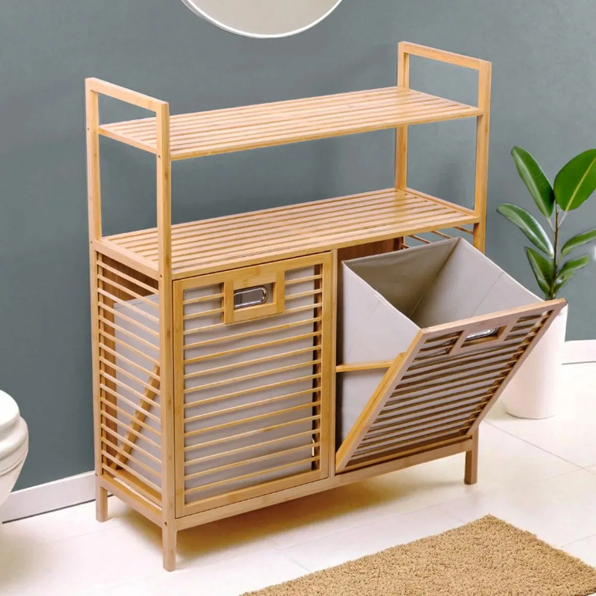 Bambu Kirli Çamaşır Sepeti 2 Bölmeli 2 Kat Organizer 80x33x87 cm görsel 5