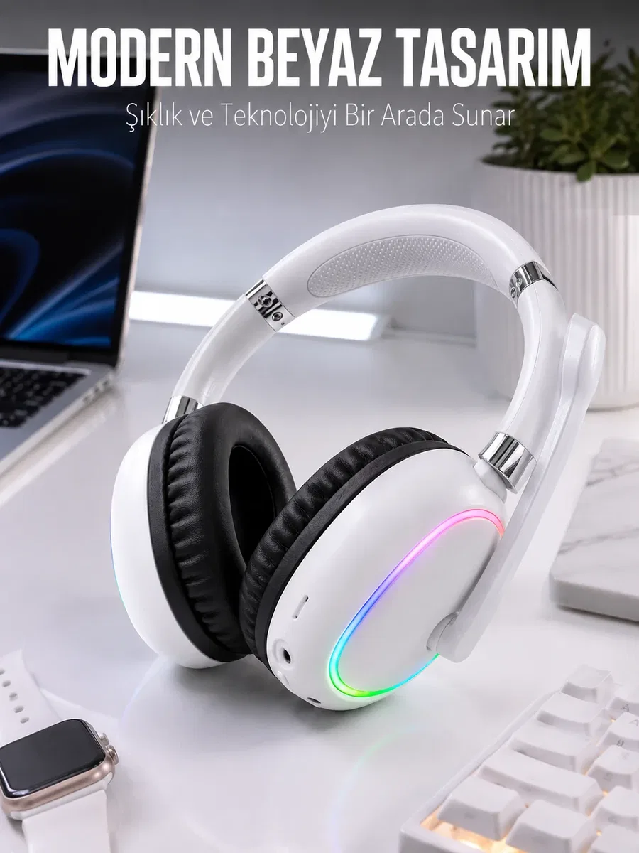 Kablosuz Bluetooth Mikrofonlu Beyaz Kulaklık RGB Işıklı
