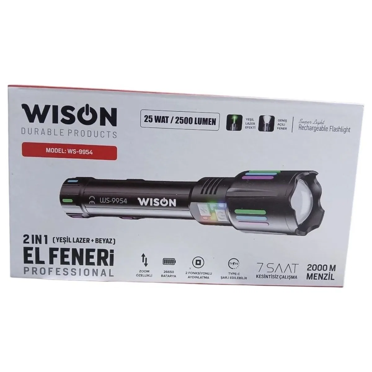 Ws-9954 25w Zoomlu Yeşil Lazerli Metal Şarjlı El Feneri görsel 4