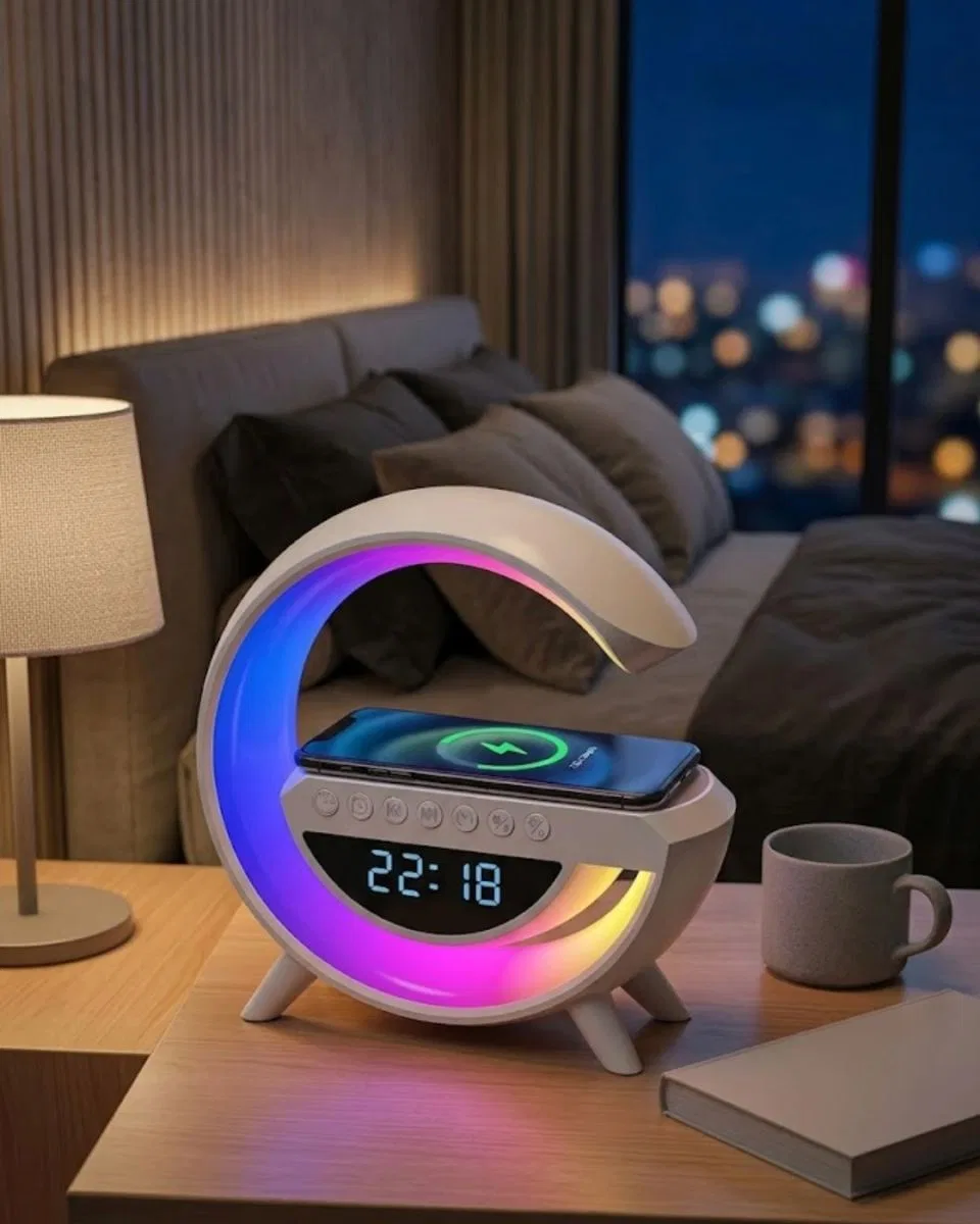 Kablosuz Şarjlı Led Işıklı Masa Saati Bluetooth Hoparlör Alarm Fonksiyonlu
