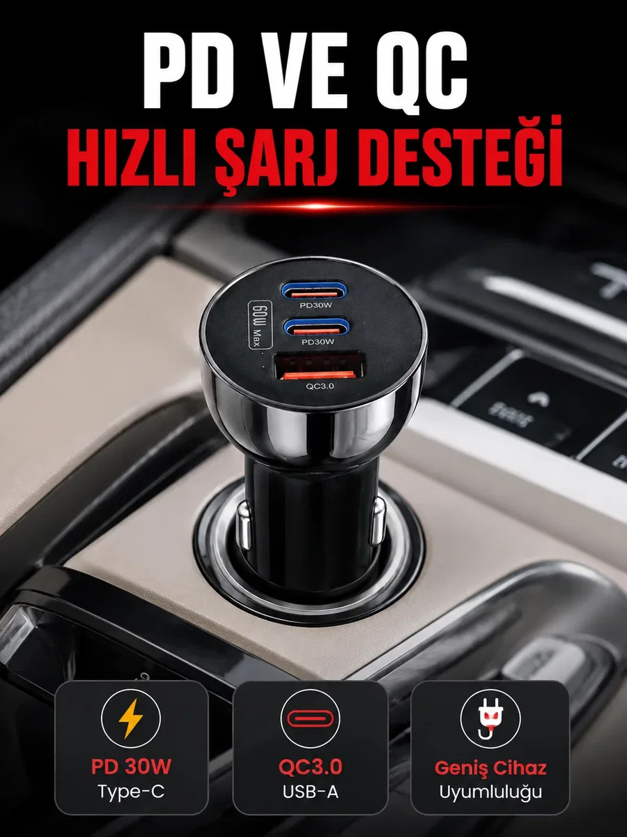 3 Portlu Araç İçi Şarj Adaptörü Çift PD Type-C ve QC3. 0 USB Çıkışlı