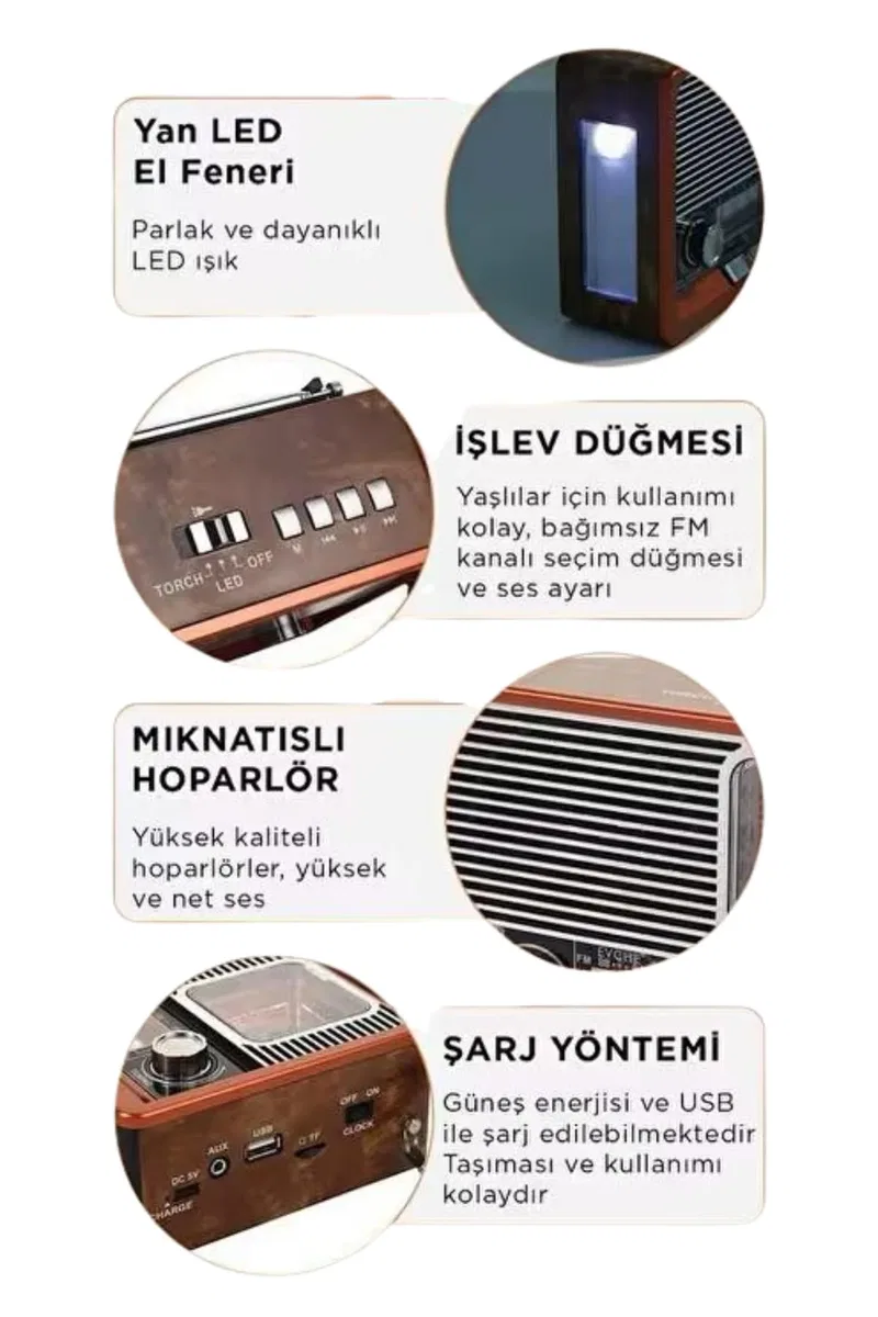 Vintage Nostaljik Radyo AUX USB SD Kart Girişli Şarjlı Bluetooth Bağlantılı görsel 5
