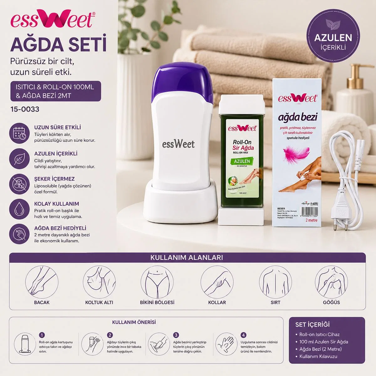 Isıtıcılı Roll-On Ağda Seti 100 ml + 2 m Ağda Bezi görsel 3